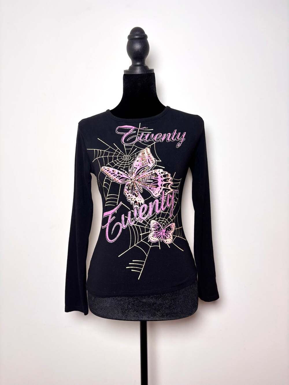Vtg Y2K Sportsgirl Black Graphic Pink Butterfly Sequined Long Sleeve Top
